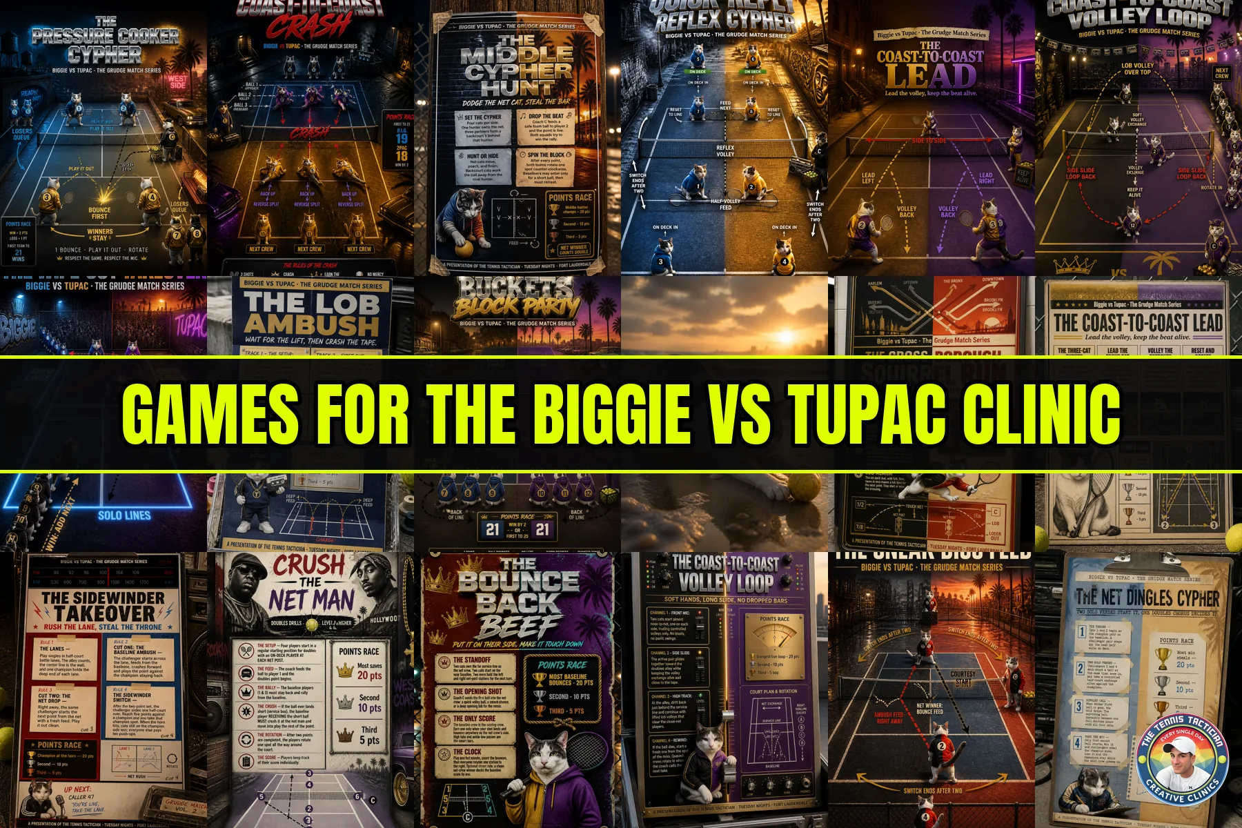 Six original game cards invented for the Biggie vs Tupac themed cardio tennis clinic in Fort Lauderdale