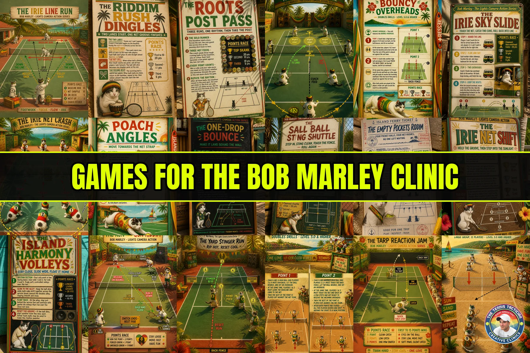 Six original game cards invented for the Bob Marley themed cardio tennis clinic in Fort Lauderdale