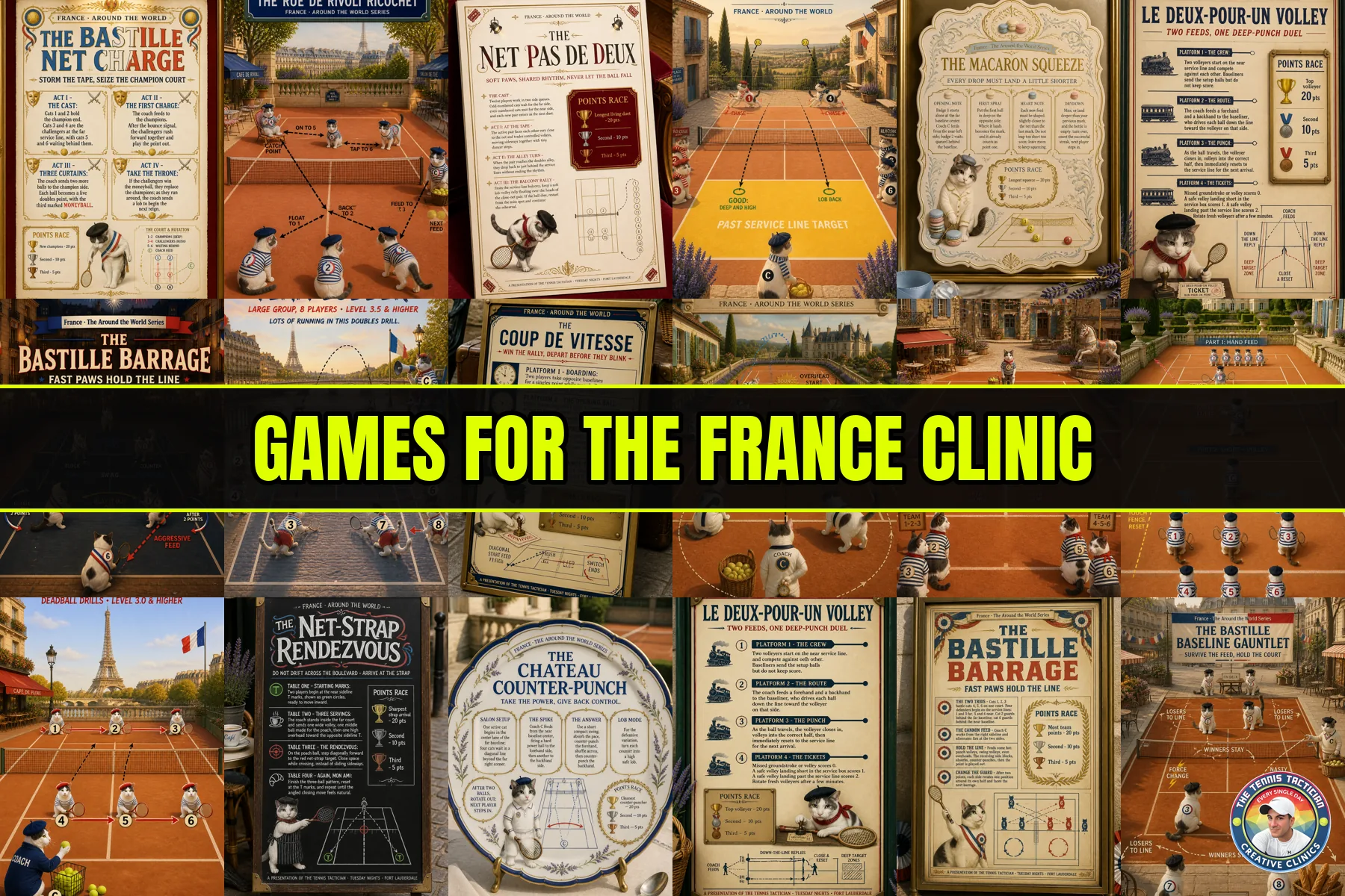 Six original game cards invented for the France themed cardio tennis clinic in Fort Lauderdale