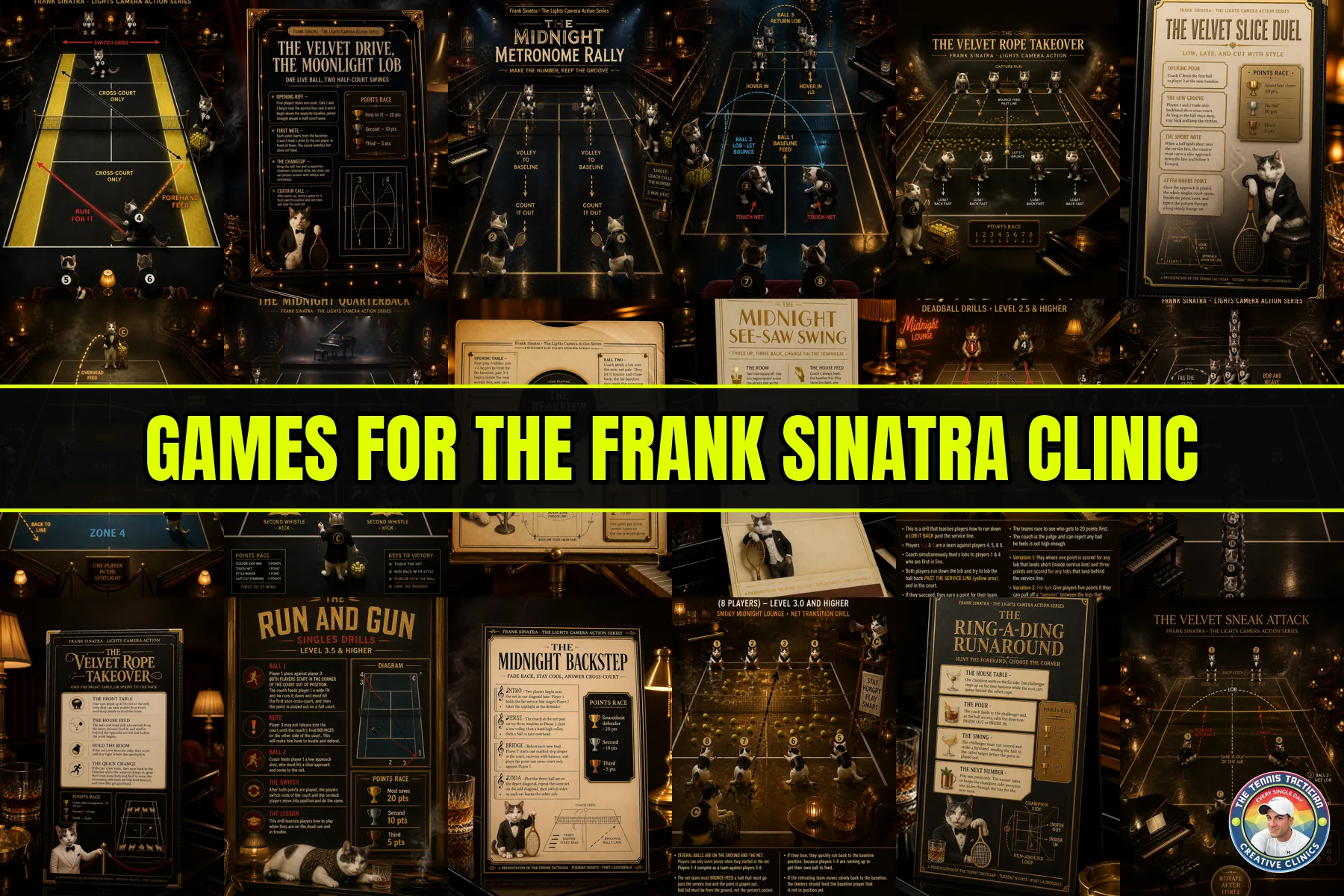 Six original game cards invented for the Frank Sinatra themed cardio tennis clinic in Fort Lauderdale