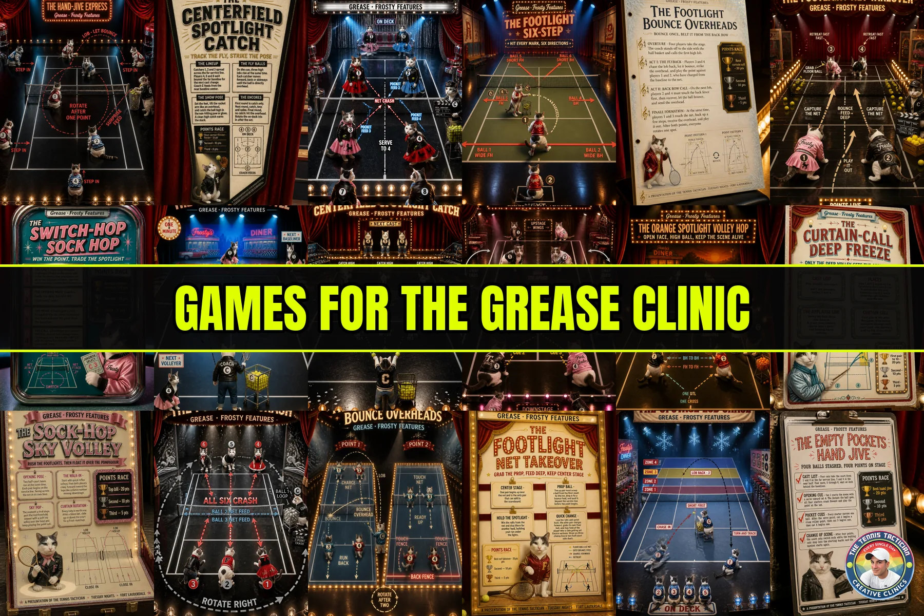 Six original game cards invented for the Grease themed cardio tennis clinic in Fort Lauderdale