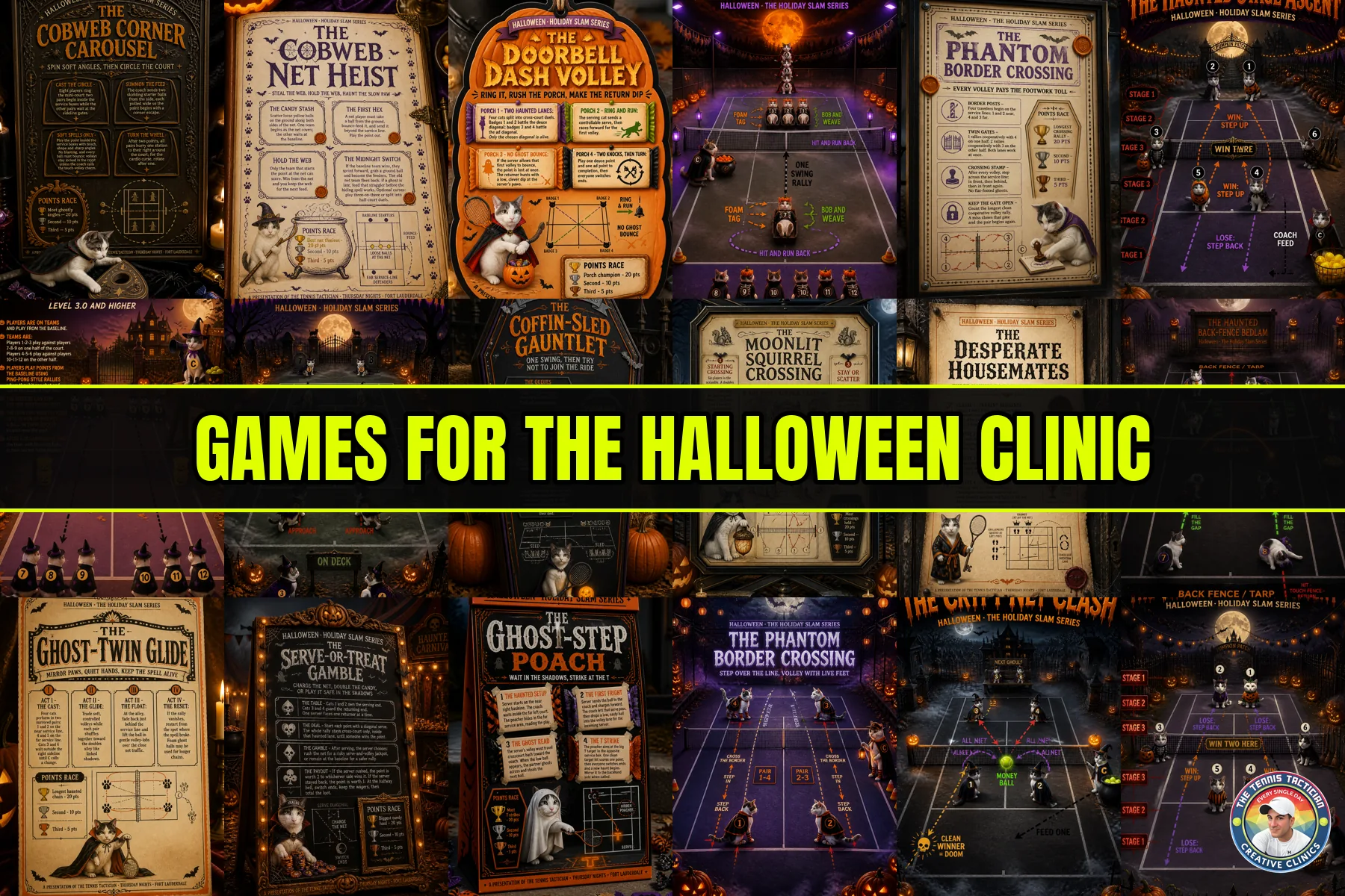 Six original game cards invented for the Halloween themed cardio tennis clinic in Fort Lauderdale