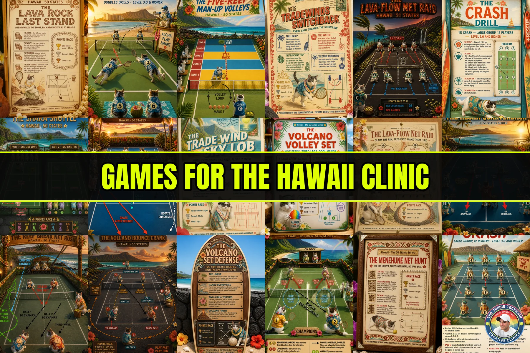Six original game cards invented for the Hawaii themed cardio tennis clinic in Fort Lauderdale