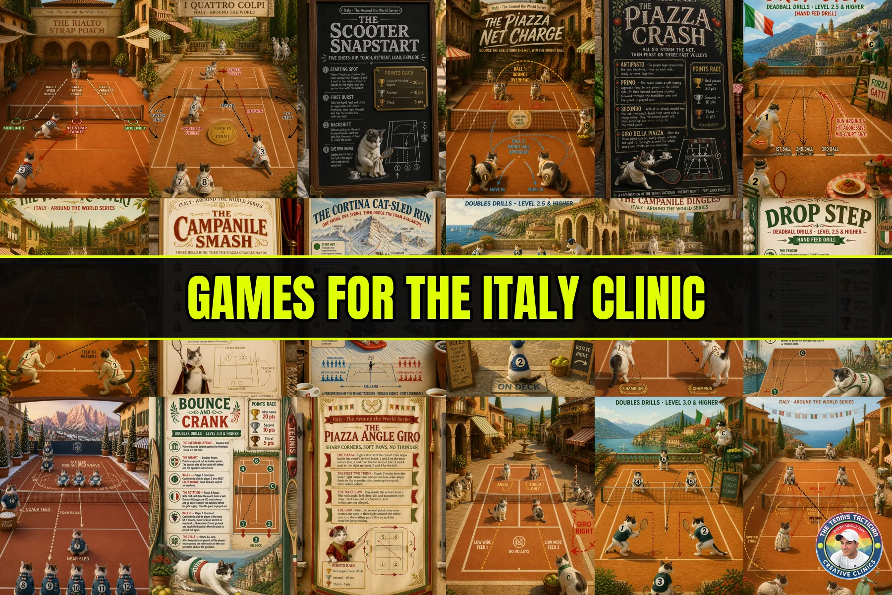 Six original game cards invented for the Italy themed cardio tennis clinic in Fort Lauderdale