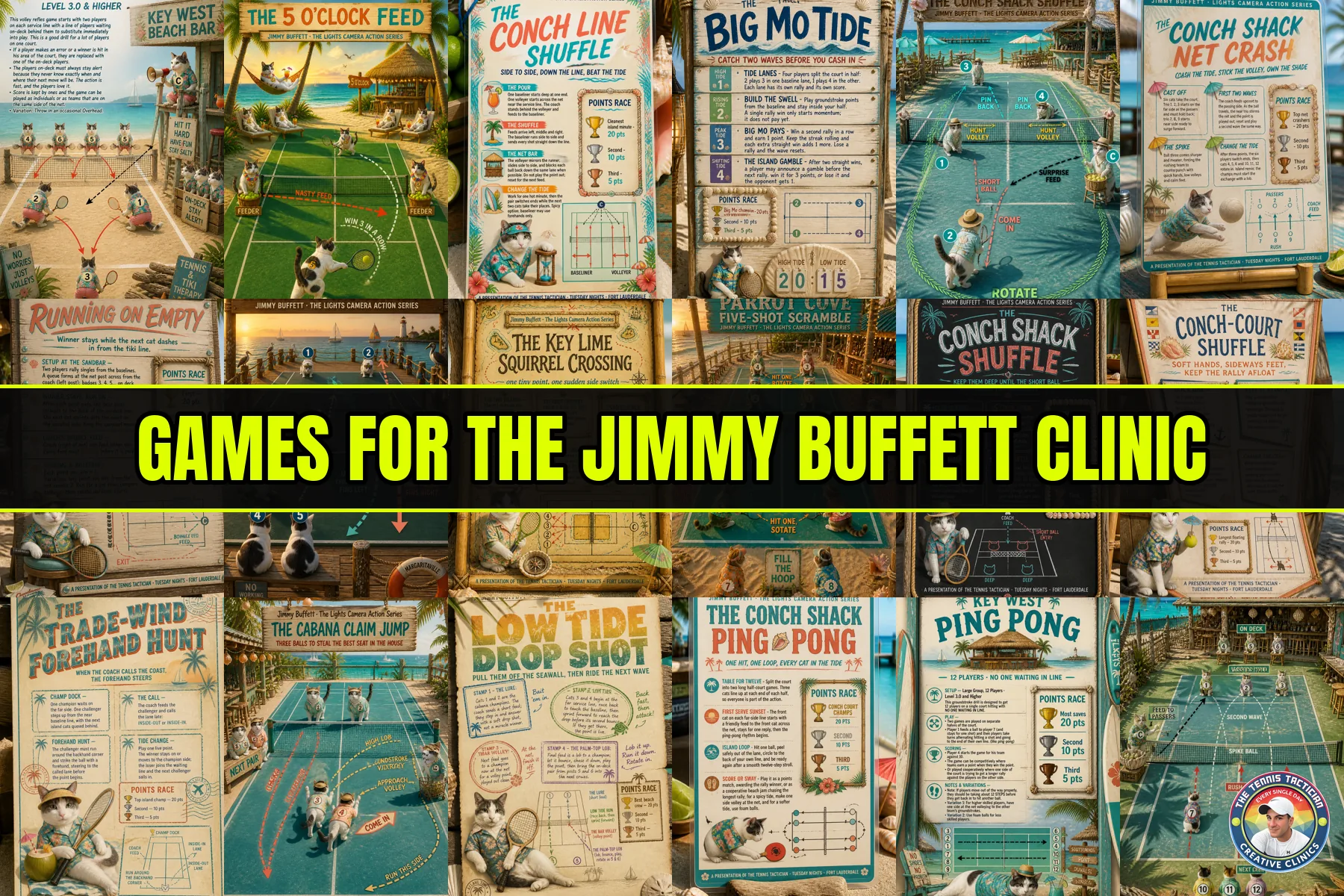 Six original game cards invented for the Jimmy Buffett themed cardio tennis clinic in Fort Lauderdale