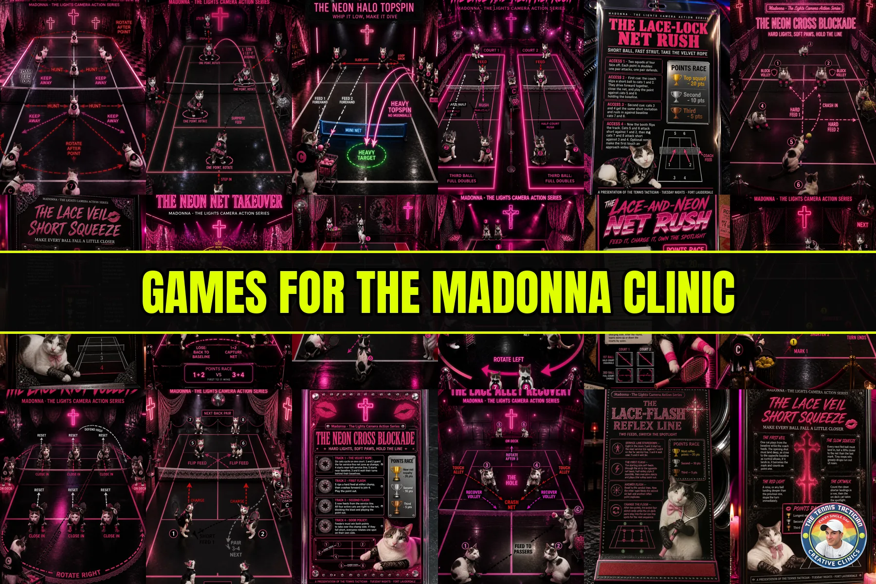 Six original game cards invented for the Madonna themed cardio tennis clinic in Fort Lauderdale