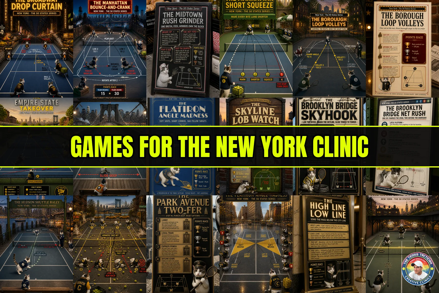 Six original game cards invented for the New York themed cardio tennis clinic in Fort Lauderdale