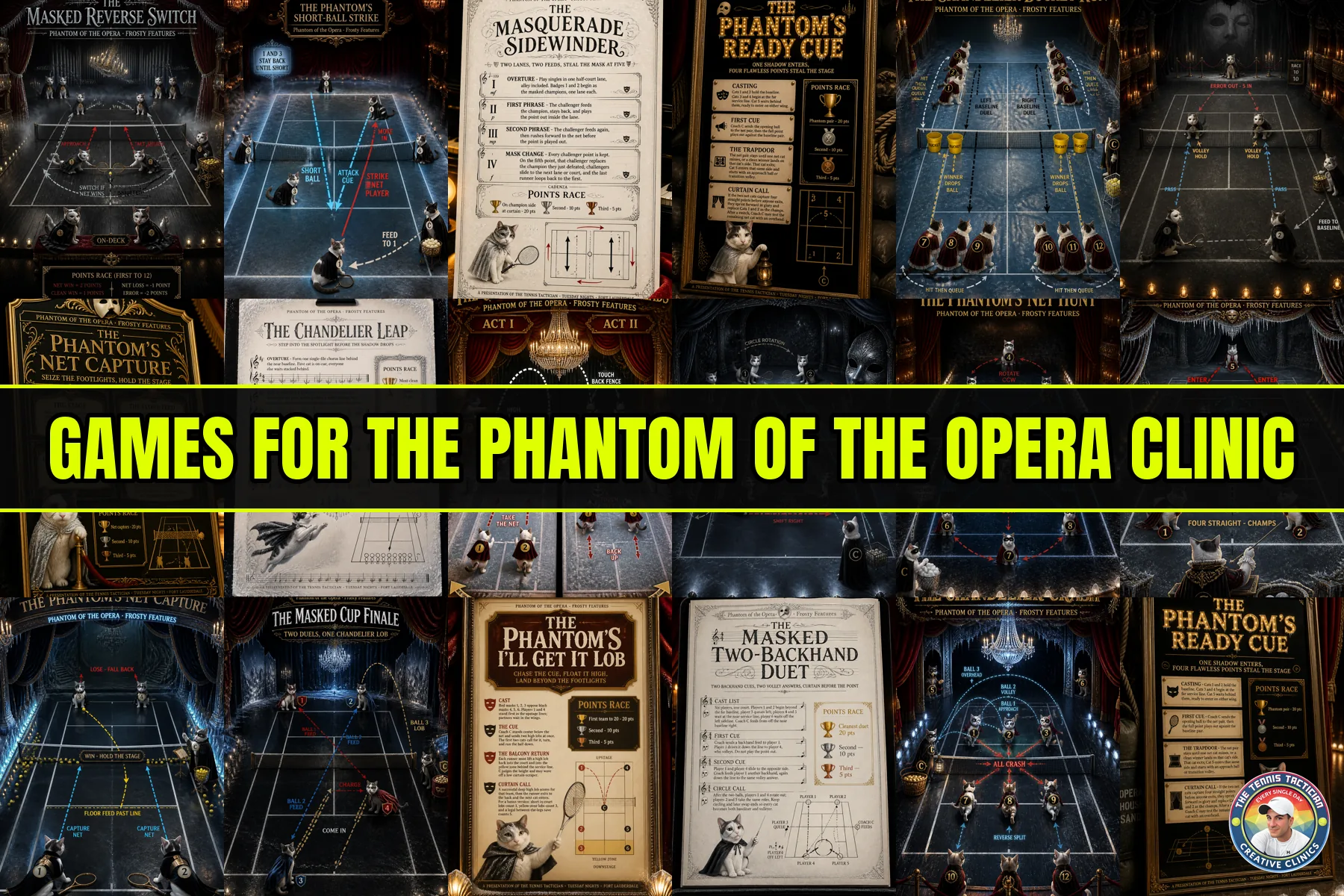 Six original game cards invented for the Phantom Of The Opera themed cardio tennis clinic in Fort Lauderdale