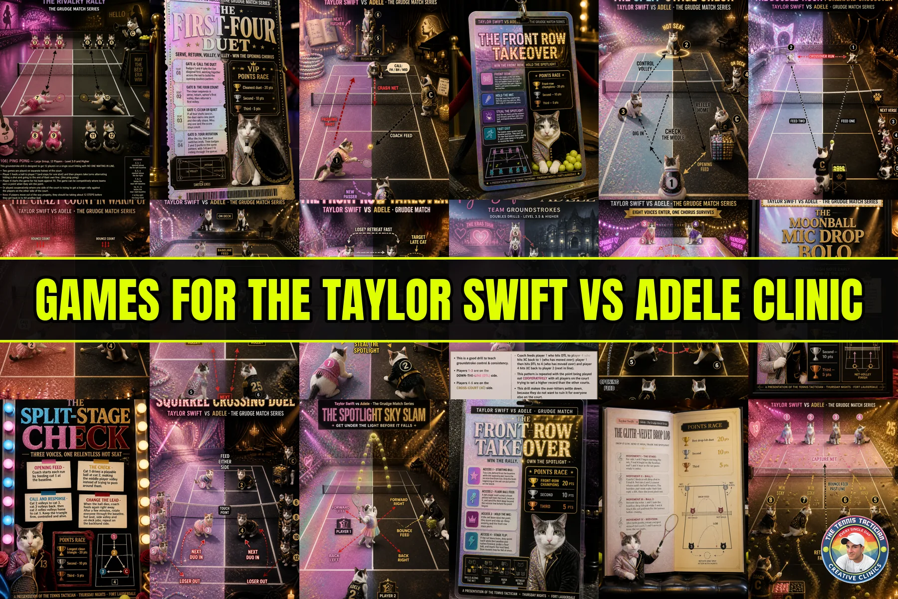 Six original game cards invented for the Taylor Swift vs Adele themed cardio tennis clinic in Fort Lauderdale