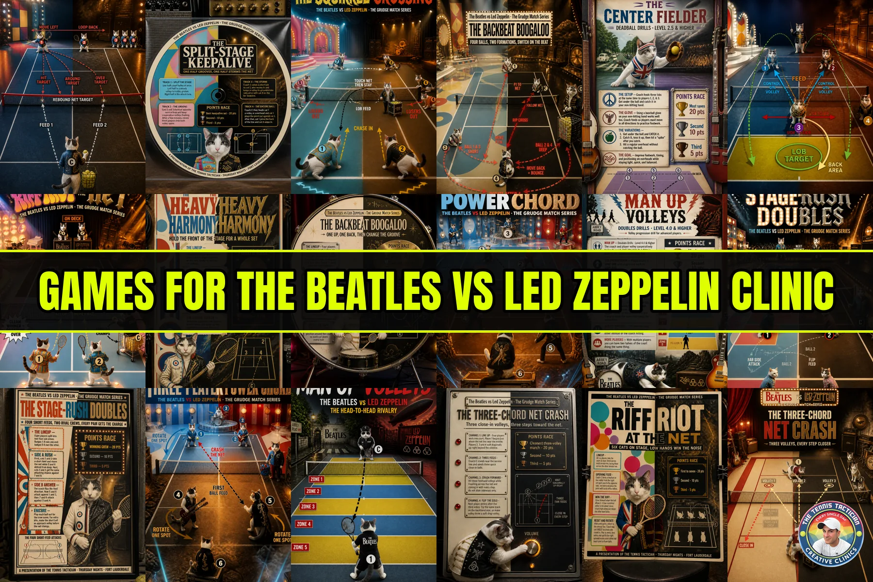 Six original game cards invented for the The Beatles vs Led Zeppelin themed cardio tennis clinic in Fort Lauderdale