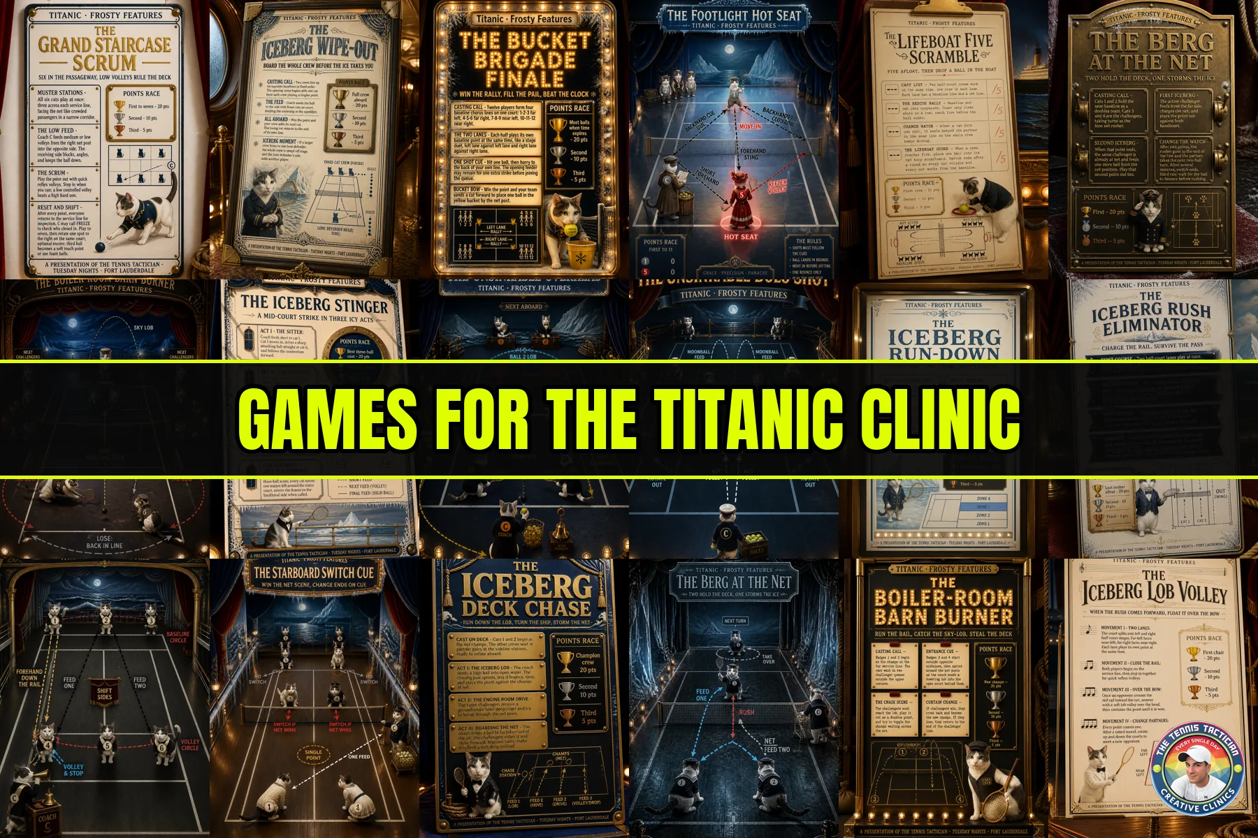 Six original game cards invented for the Titanic themed cardio tennis clinic in Fort Lauderdale
