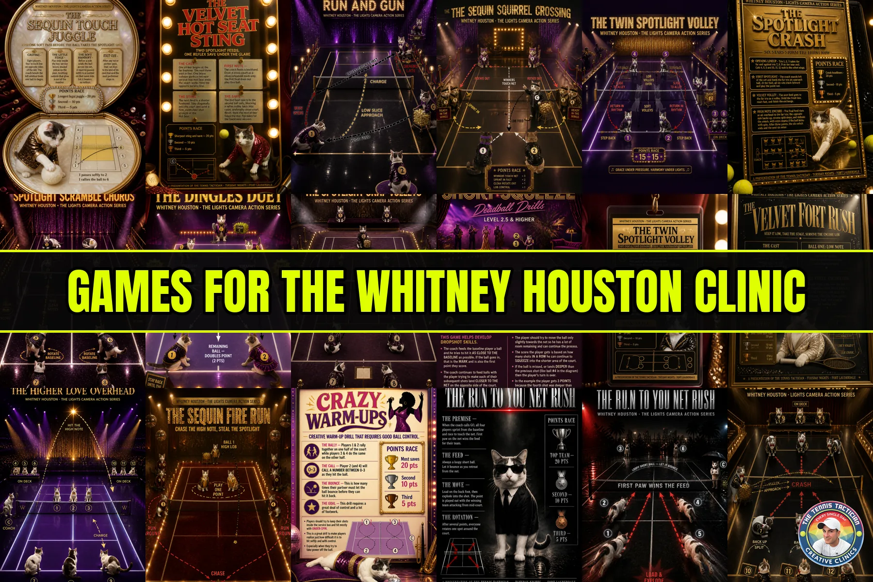 Six original game cards invented for the Whitney Houston themed cardio tennis clinic in Fort Lauderdale
