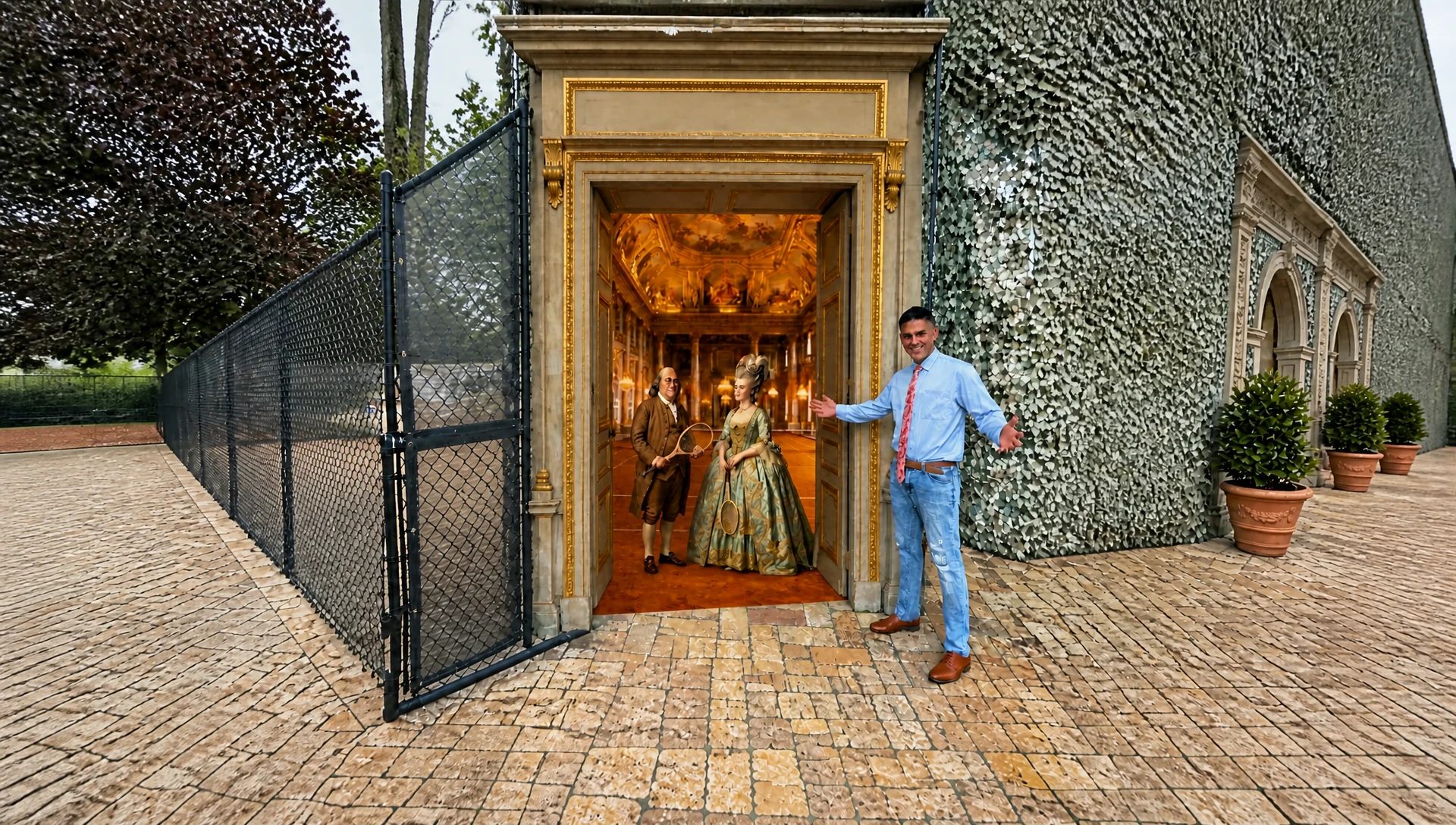 Jackson Phillips holds open a gilded doorway in a hedge wall beside a tennis court, revealing a candlelit ballroom where two figures in eighteenth-century dress stand holding tennis racquets.