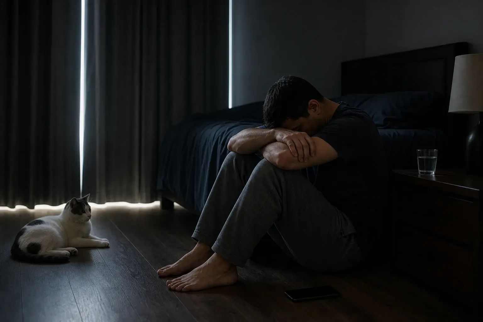 Young man sitting on the wooden floor of a dimly-lit bedroom at night with his arms wrapped around his knees and head bowed