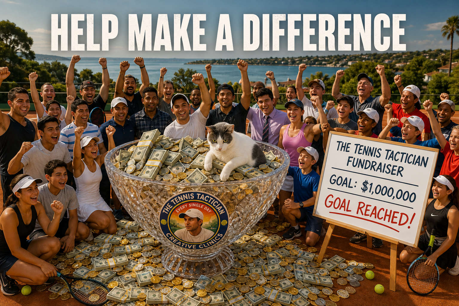 Themed cardio tennis clinic fundraiser celebration with crowd, giant trophy filled with money, cat, and goal reached sign