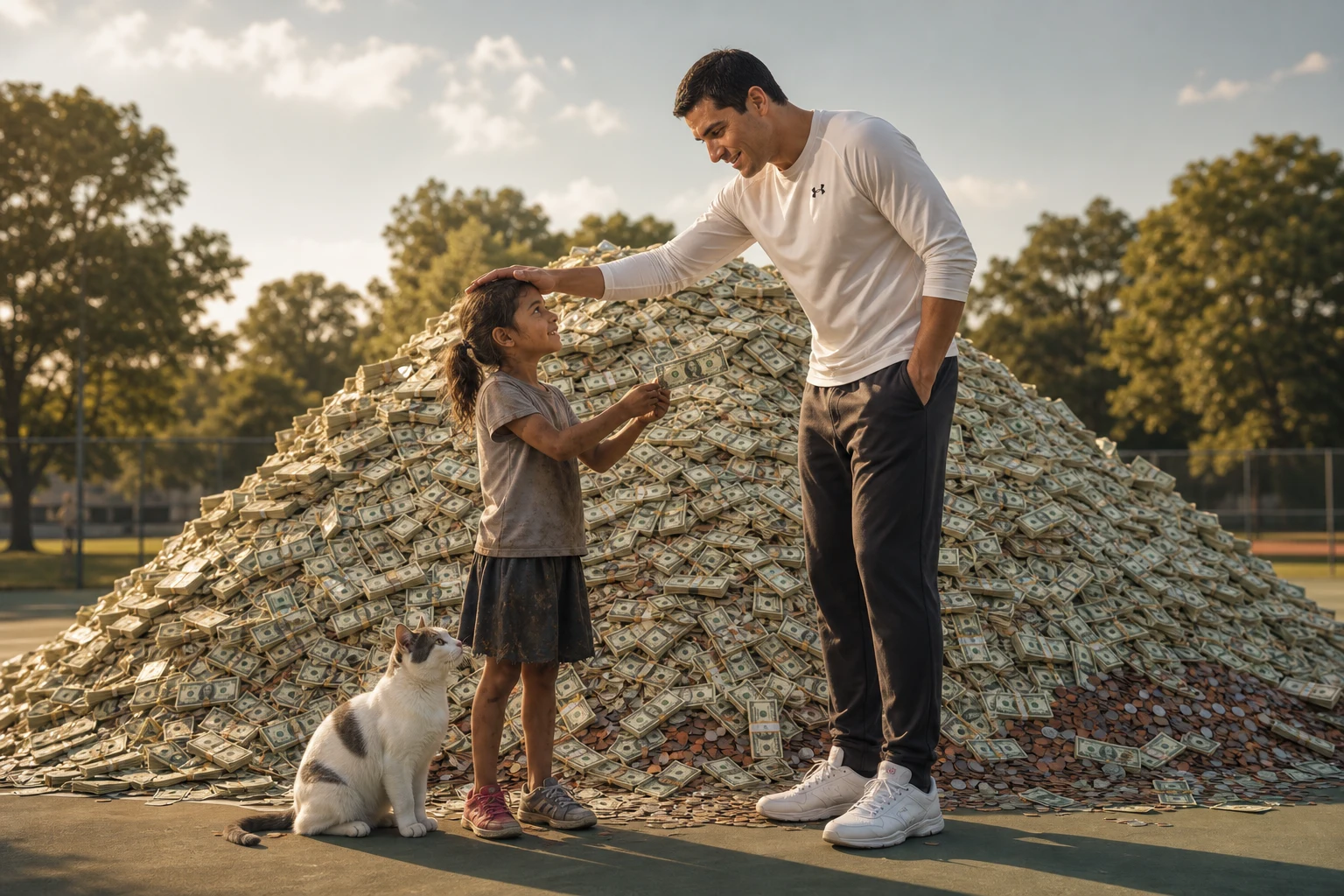 Man and child stand before giant pile of money at themed cardio tennis clinic with Frosty the cat mascot looking on