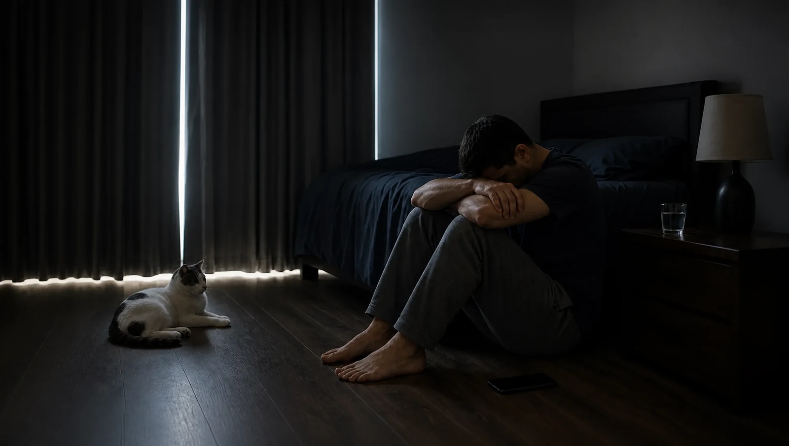 A man sitting on the floor of a dark bedroom with his head down, his cat lying quietly beside him
