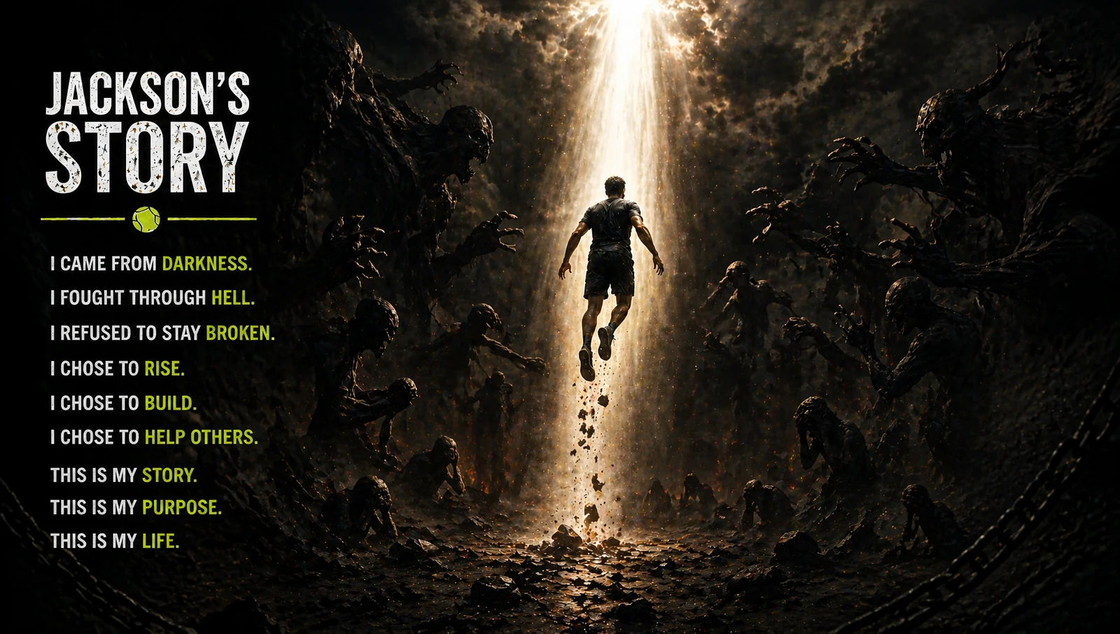 Jackson's Story poster: a figure rising into a shaft of light out of darkness, above the words I came from darkness, I fought through hell, I refused to stay broken, I chose to rise, I chose to build, I chose to help others