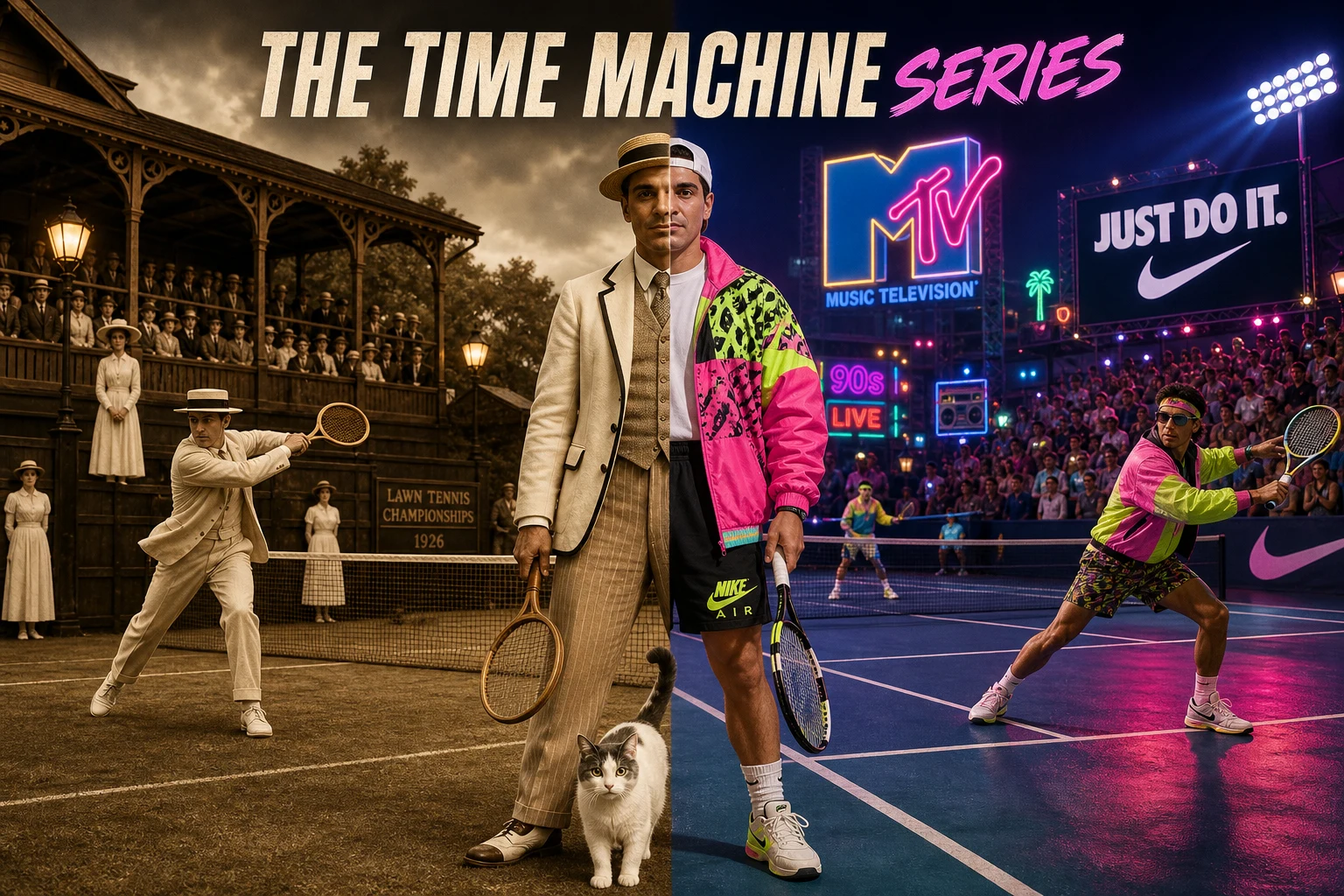 THE TIME MACHINE SERIES three-panel cover poster showing a 1920s player in cream period whites on a vintage grass court at left