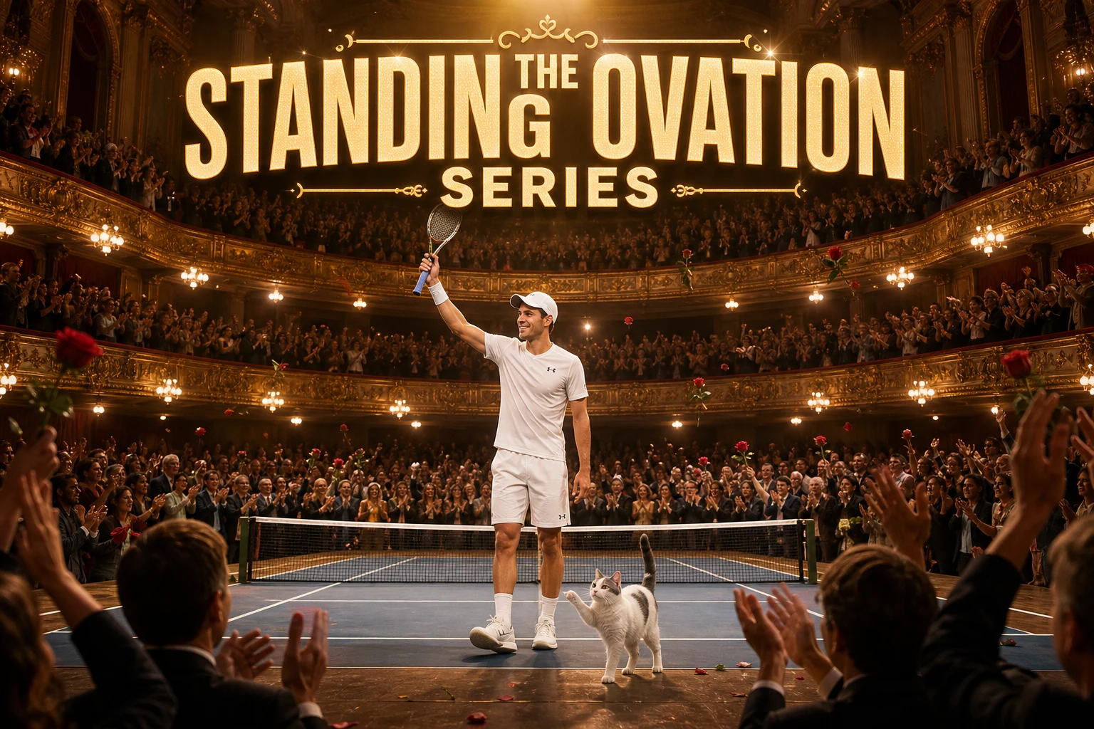 THE STANDING OVATION SERIES cover poster showing a male tennis player in white whites bowing at the center of a Broadway-style theater stage holding his racquet aloft as the orchestra-level and balcony audience leap to their feet applauding and throwing red roses
