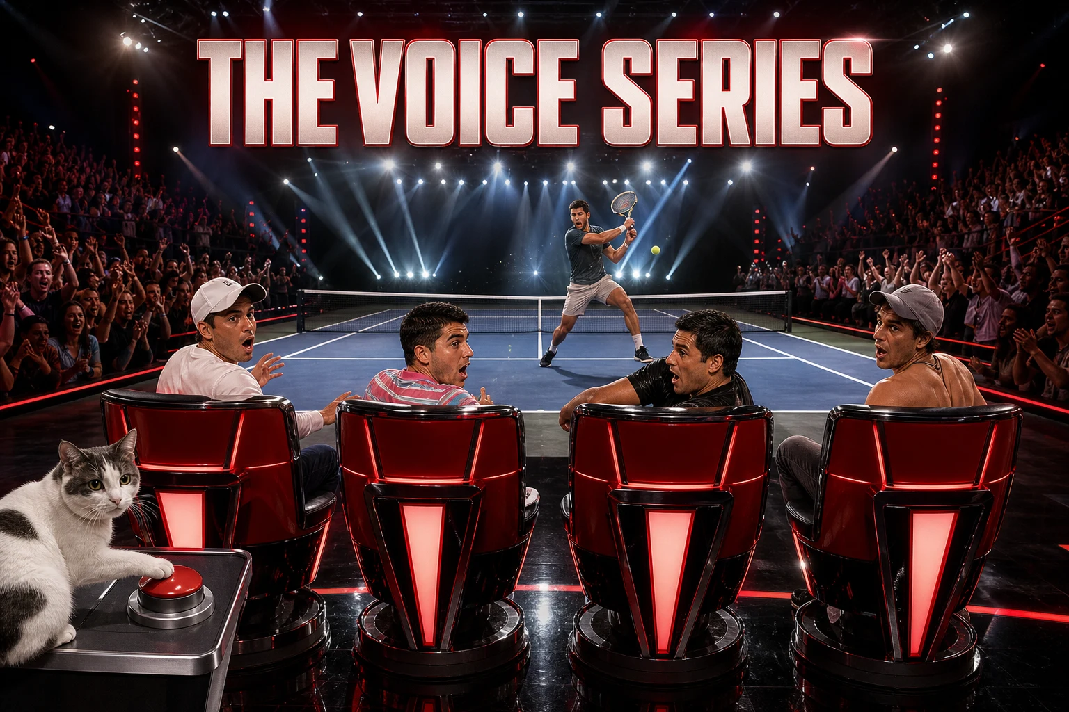 THE VOICE SERIES cover poster showing four red high-back judges chairs on a stage facing inward toward a tennis court behind