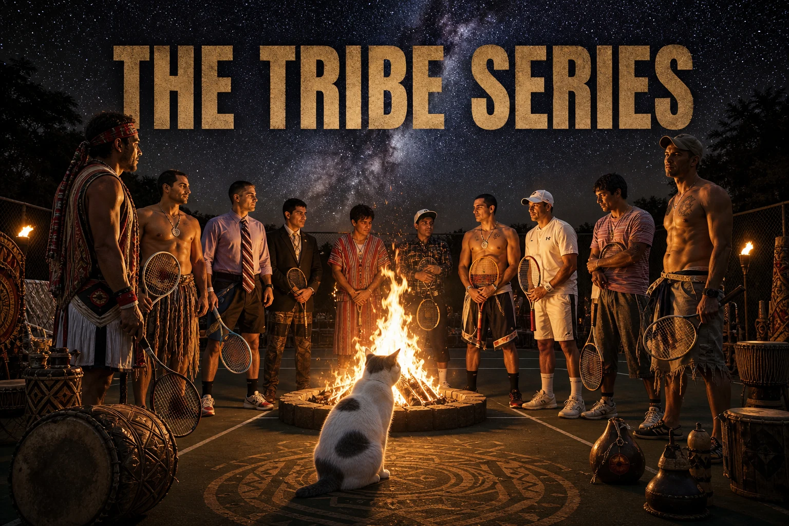 THE TRIBE SERIES cover poster showing a tennis court at night under a Milky Way sky with eight men in regalia of different world cultures gathered in a circle around a large bonfire holding tennis racquets