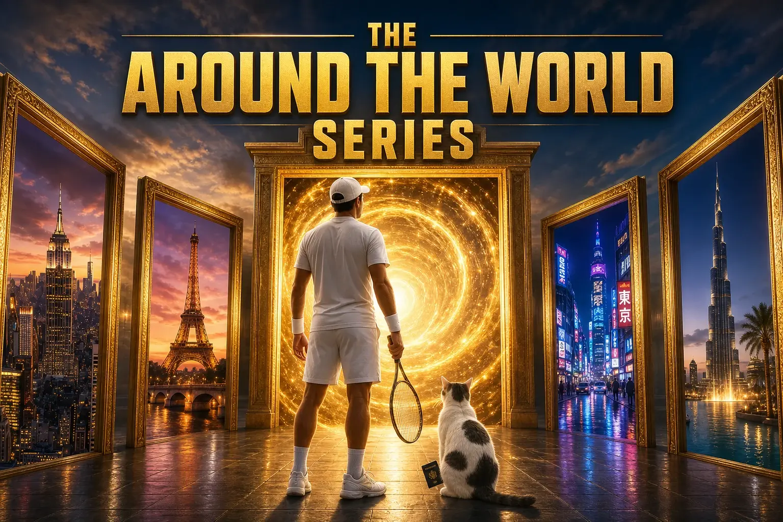 THE AROUND THE WORLD SERIES cover poster showing a male tennis player from behind in white whites holding a racquet stepping toward a glowing golden swirling portal at center with framed openings on either side showing the Empire State Building Paris and the Eiffel Tower at left and the Tokyo Shibuya skyline and Dubai Burj Khalifa at right