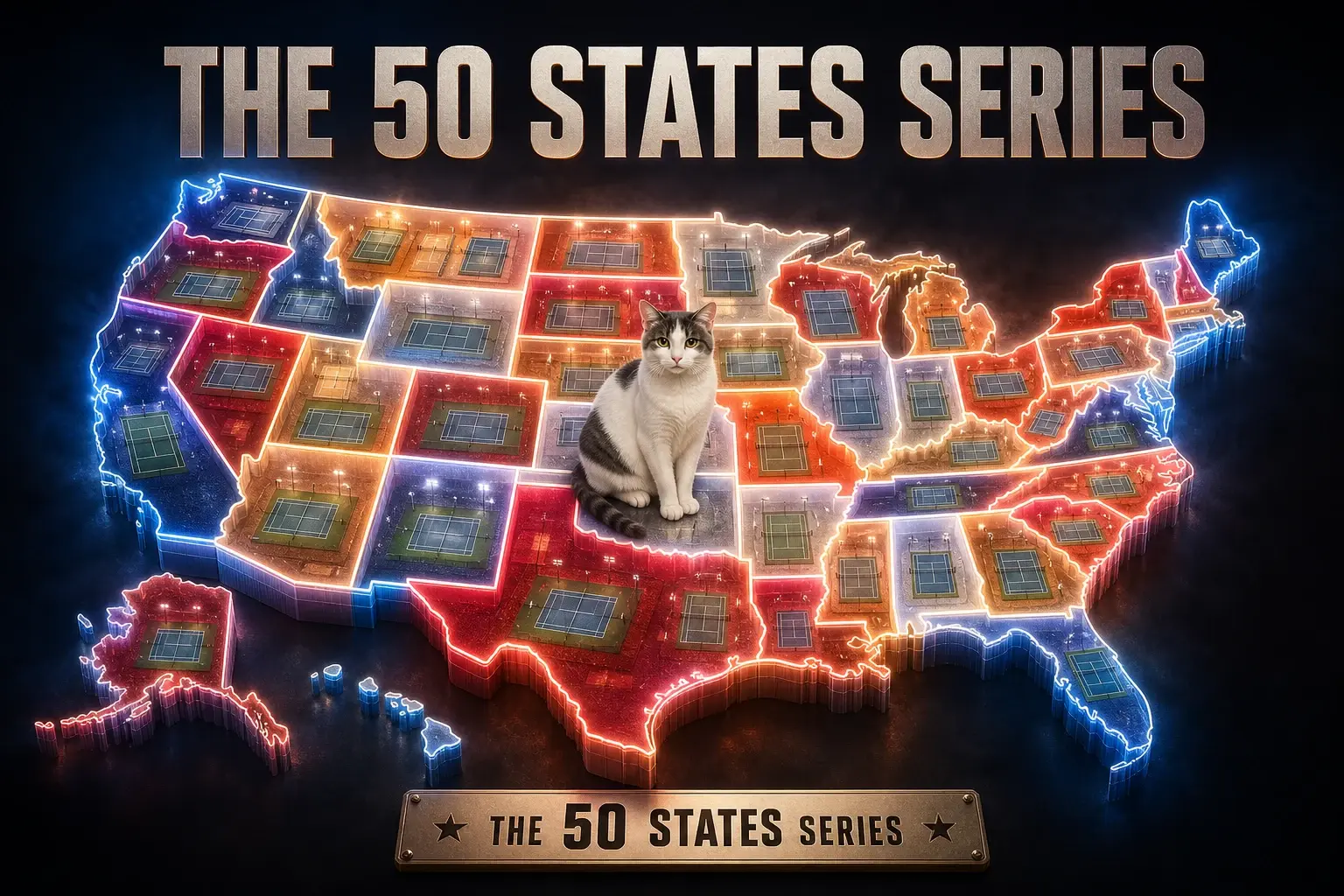 THE 50 STATES SERIES cover poster showing a glowing neon-outlined topographic map of the continental United States plus Alaska and Hawaii floating in a dark space