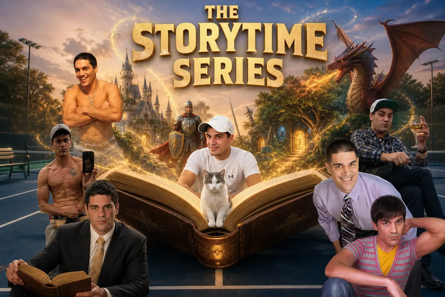 THE STORYTIME SERIES cover poster showing a huge open antique storybook on an outdoor tennis court with magical golden sparks pouring out of the pages