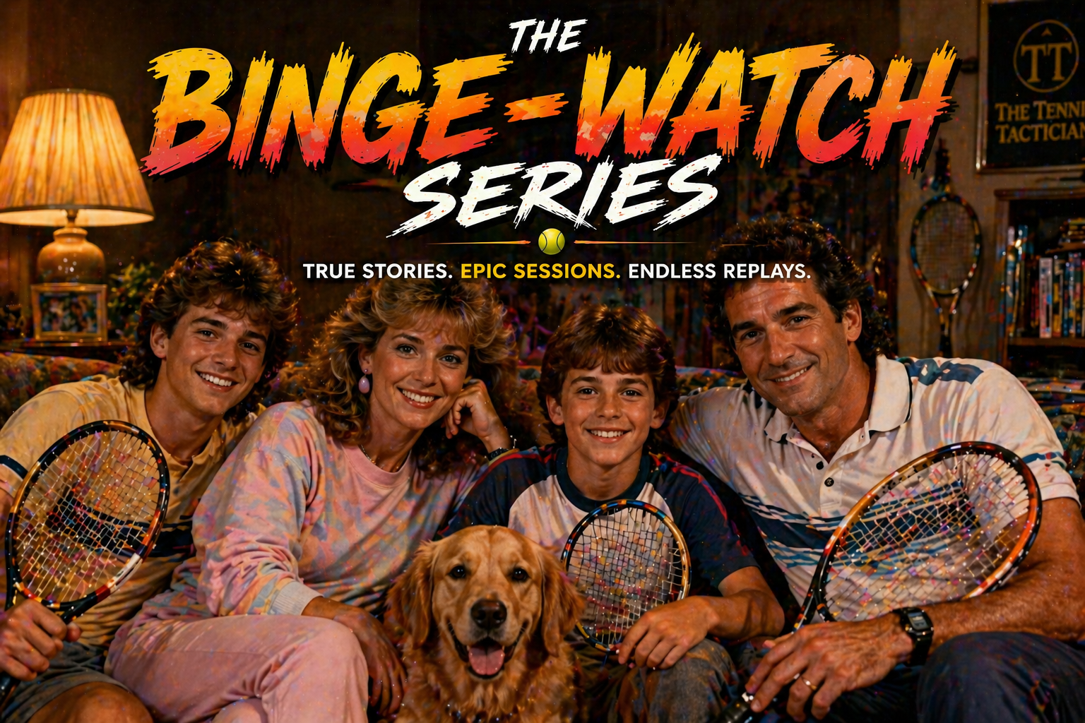 THE BINGE-WATCH SERIES cover poster showing an 80s family sitcom couch portrait with four members — older teenage son
