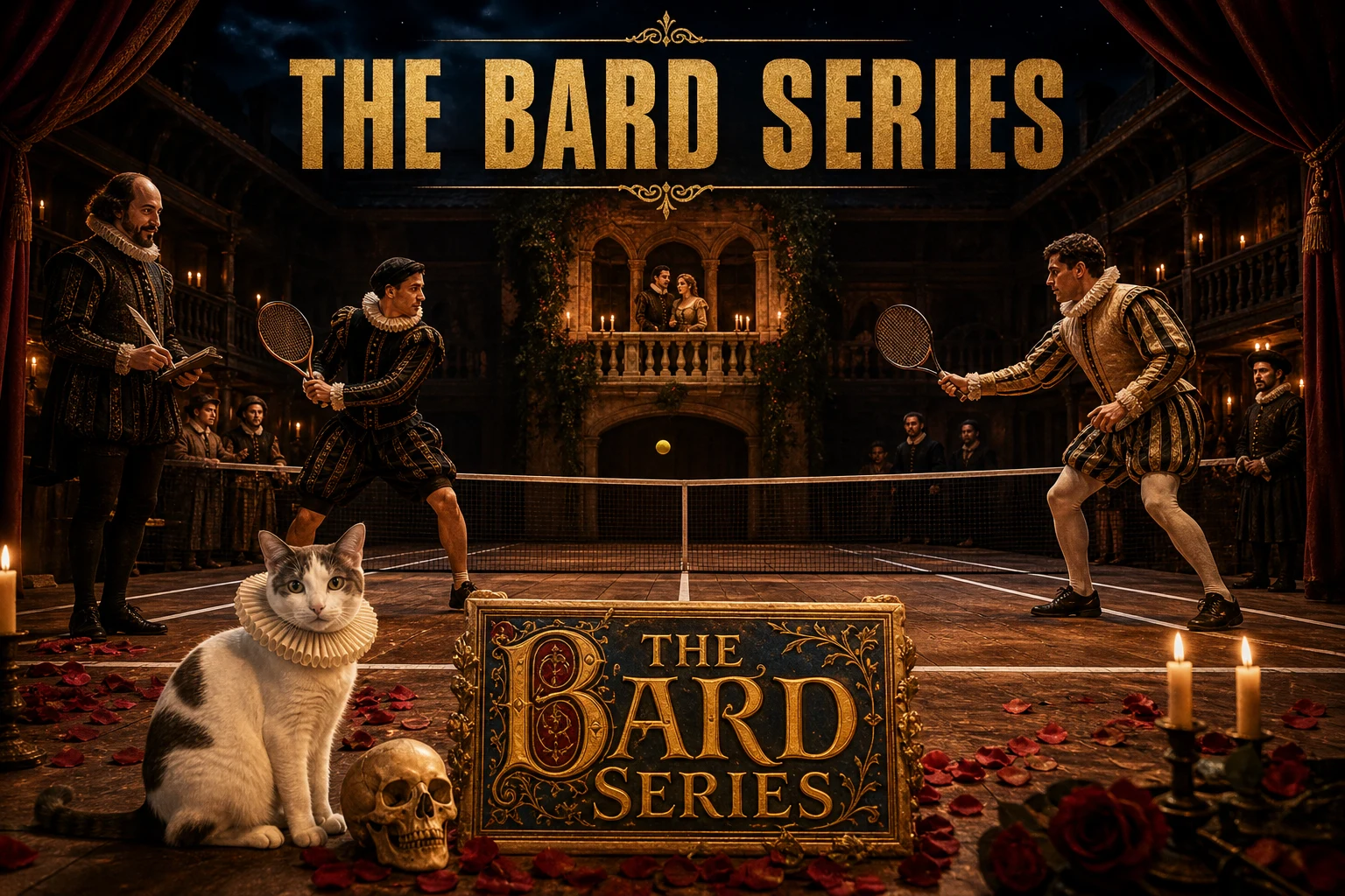 THE BARD SERIES cover poster showing two players in Elizabethan period doublets and pumpkin breeches rallying across a candlelit tennis court inside a Globe-Theater-style indoor playhouse with ornate wood balconies
