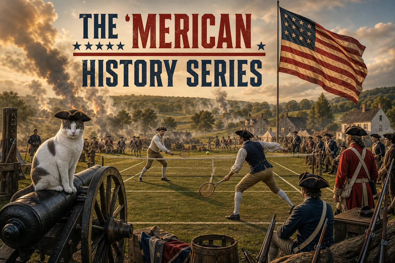 THE 'MERICAN HISTORY SERIES cover poster showing a tennis court turned into a Revolutionary War battlefield with players in colonial-era costumes rallying on the court