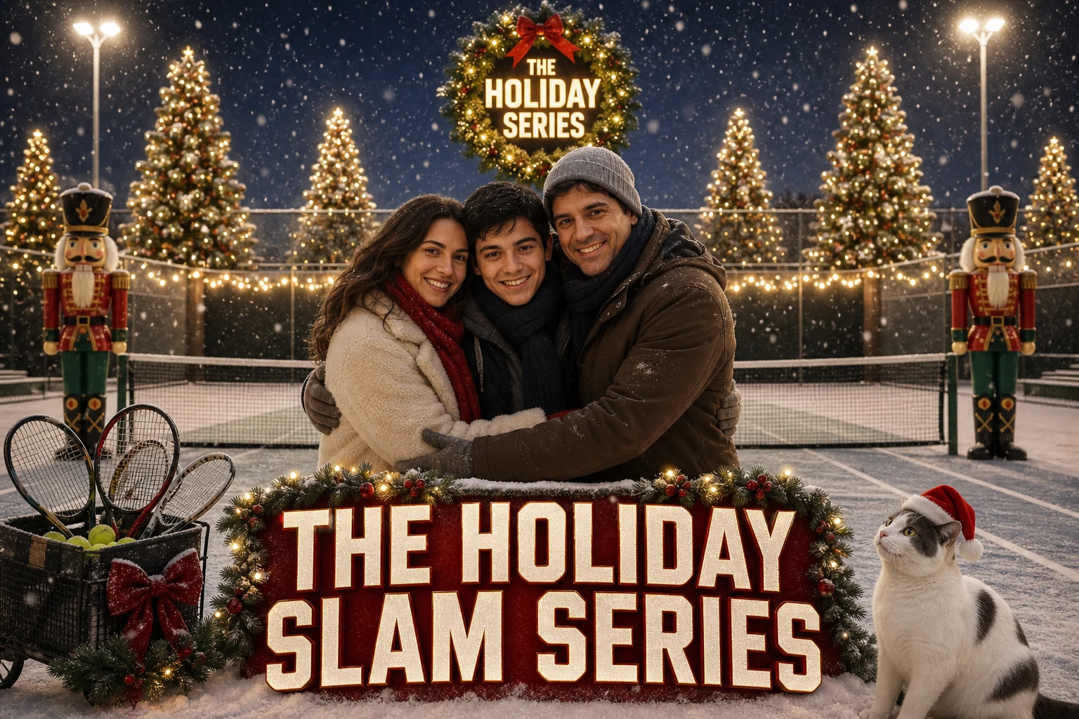 THE HOLIDAY SLAM SERIES cover poster showing a family of three hugging in heavy snow on a tennis court