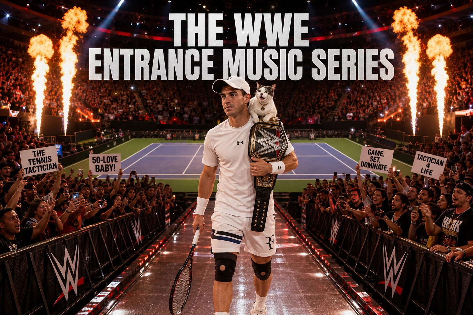 THE WWE ENTRANCE MUSIC SERIES cover poster showing a male tennis player walking down a wrestling ramp toward a tennis court with pyro flames erupting on either side