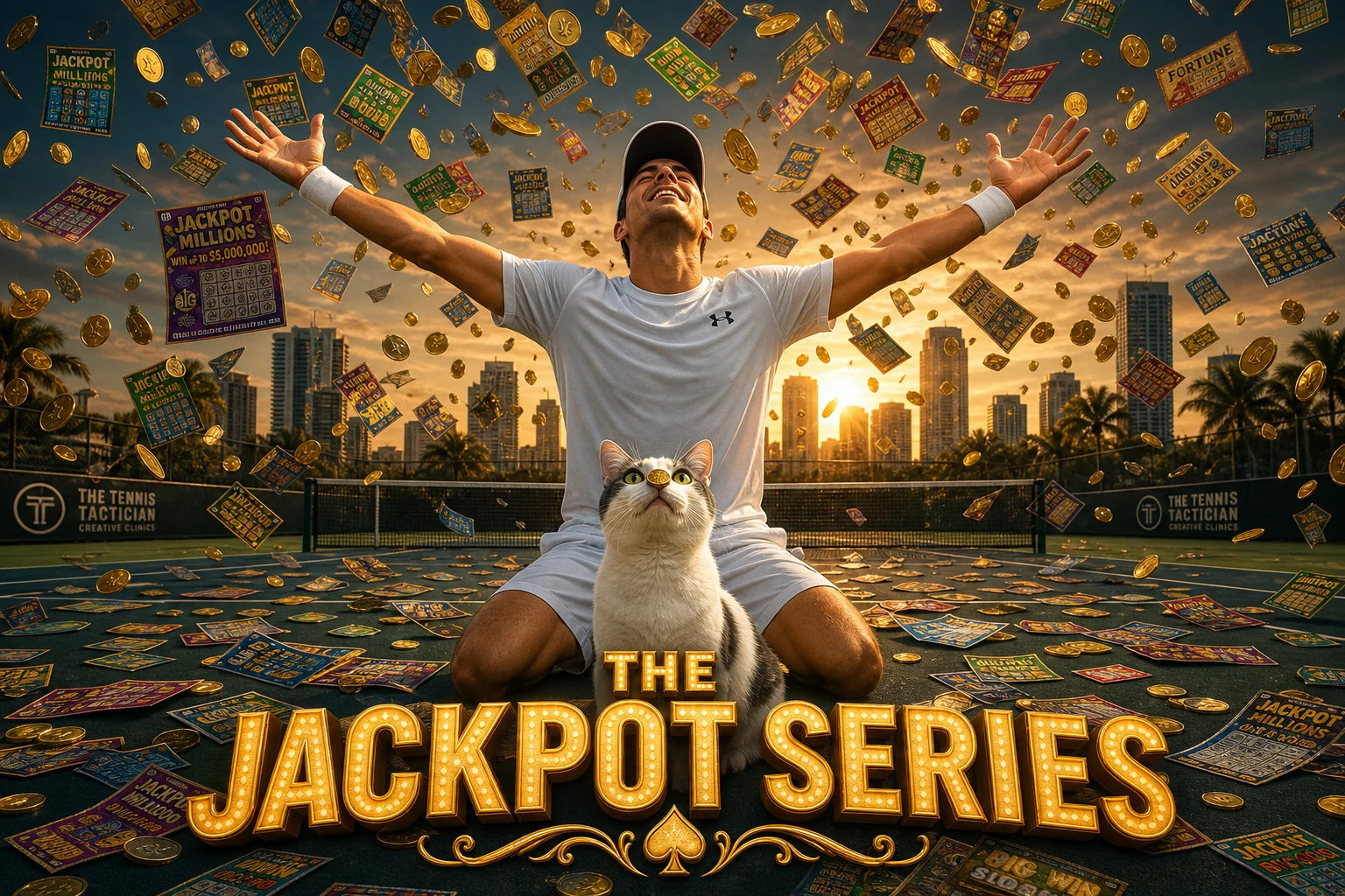 THE JACKPOT SERIES cover poster showing a young male tennis player kneeling on a clay court with arms raised in joy as scratch-off lottery tickets and gold coins rain down around him