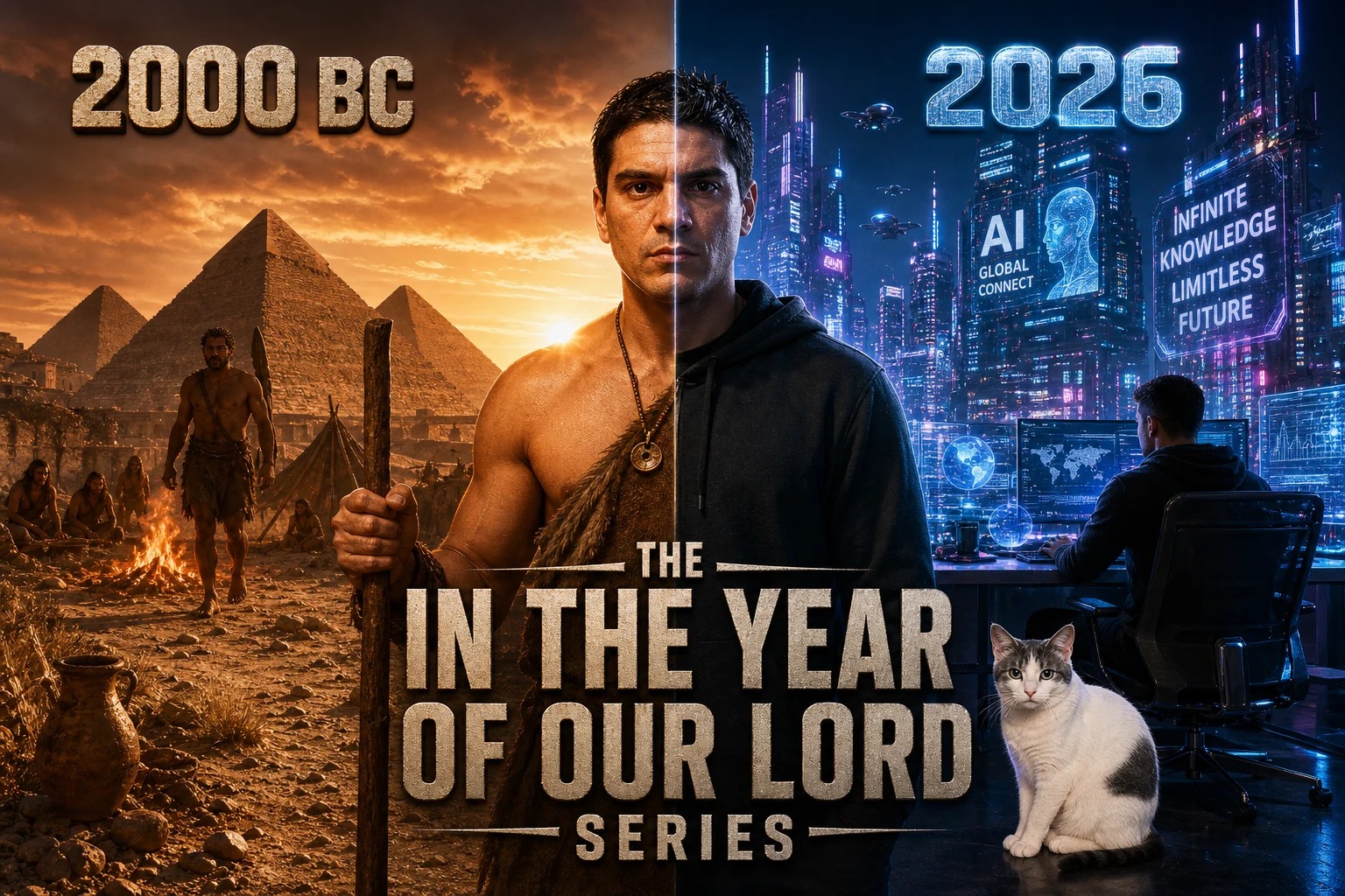 THE IN THE YEAR OF OUR LORD SERIES cover poster showing a split-frame composition with 2000 BC on the left half — a man in ancient robes standing in front of the Pyramids of Giza at sunset holding a wooden staff