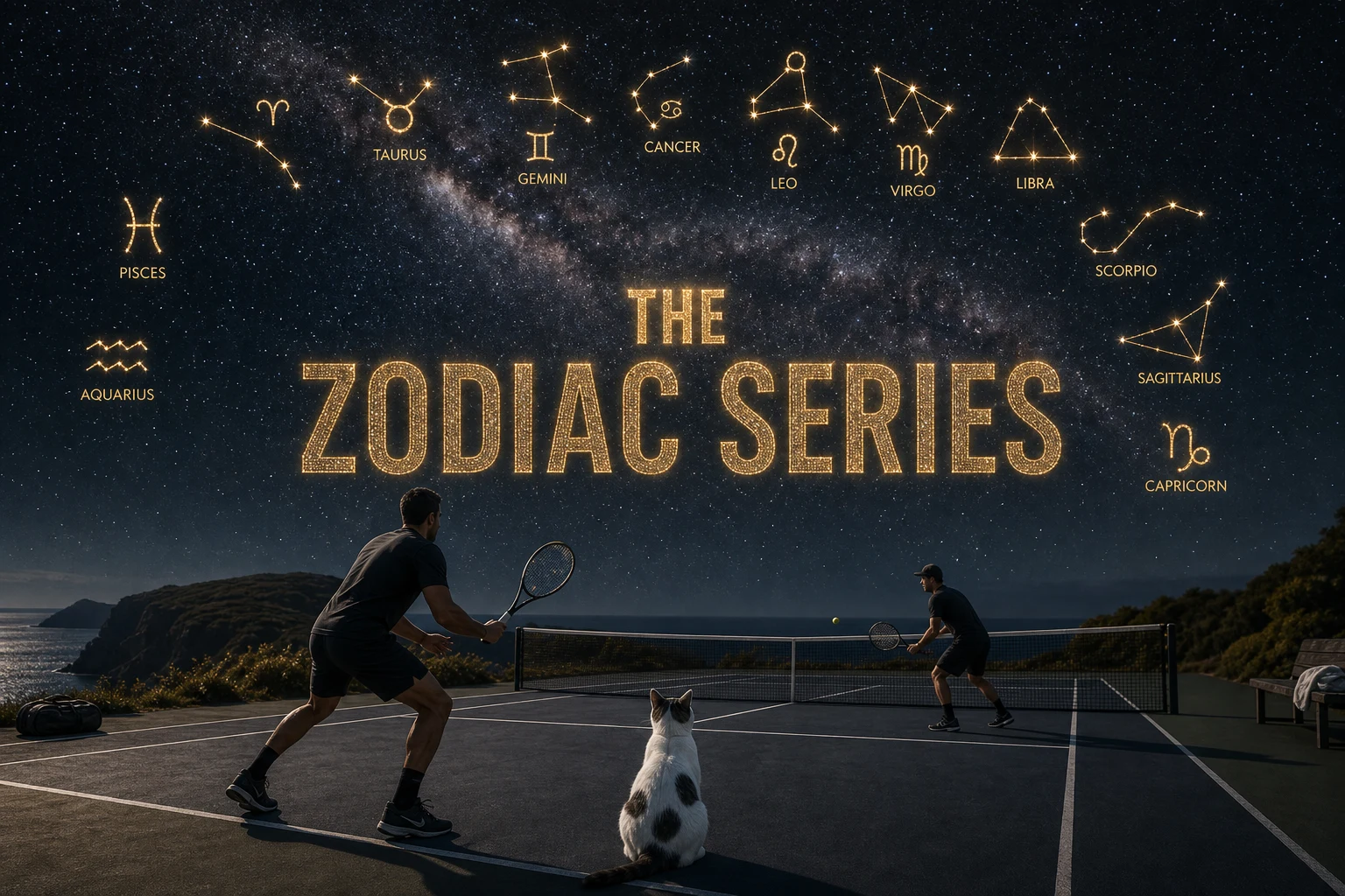 THE ZODIAC SERIES cover poster showing a nighttime cliffside tennis court overlooking the ocean with two players mid-rally and Frosty the cat seated at center between them