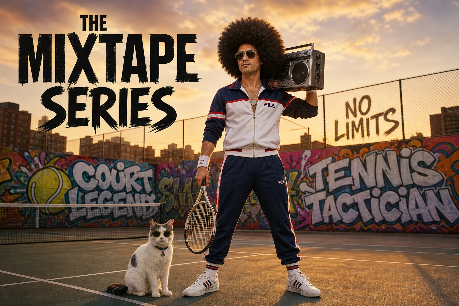 THE MIXTAPE SERIES cover poster showing a young man with a large afro and aviator sunglasses in a white and red FILA tracksuit holding a vintage silver boombox over his shoulder