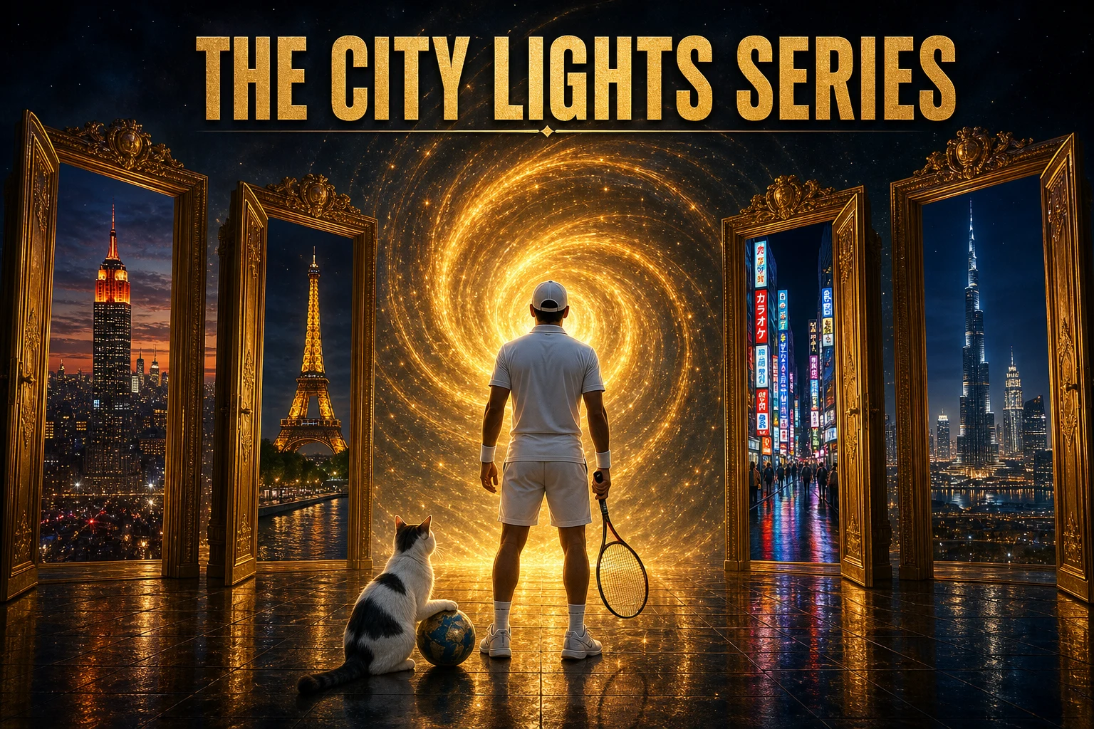 THE CITY LIGHTS SERIES cover poster showing a male tennis player in white whites holding a black racquet at his side standing on a polished marble floor in front of a golden swirling portal at center