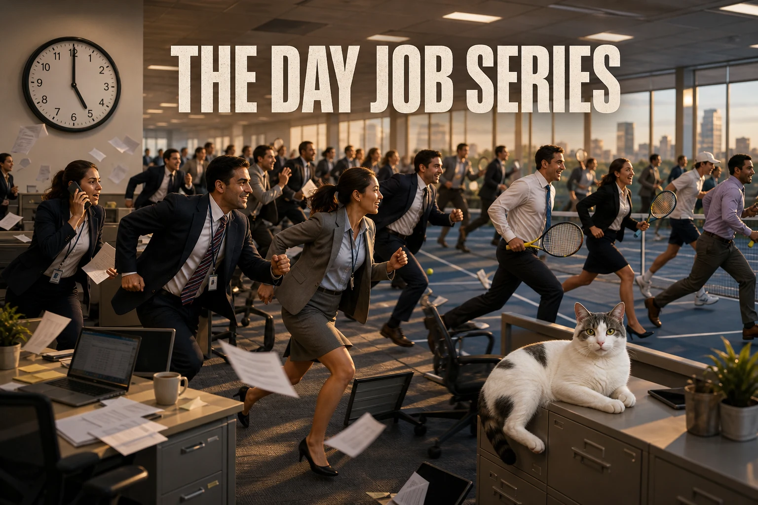 THE DAY JOB SERIES cover poster showing a large modern open-plan office turned into a tennis court at midday with employees in business suits and skirts running and sprinting across the cubicle floor in mid-stride carrying tennis racquets ties and badges flying behind them
