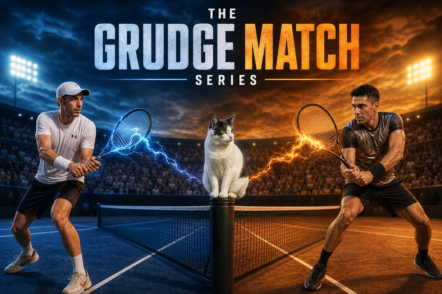 THE GRUDGE MATCH SERIES cover poster showing a dramatic twilight tennis stadium with two male players in white and black at opposite baselines facing off mid-stance ready to rally electric blue and orange lightning arcs leaping between them across the net