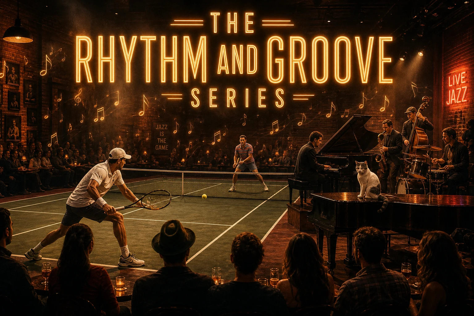 THE RHYTHM AND GROOVE SERIES cover poster showing an indoor jazz-club-style tennis court with two players rallying in the middle of a smoky candlelit jazz room