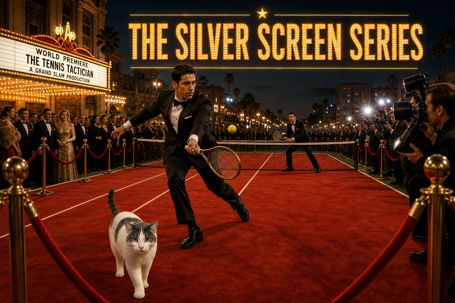 THE SILVER SCREEN SERIES cover poster showing a red-carpet movie-premiere setting with a player in a black tuxedo mid-lunge swinging a racquet at a ball