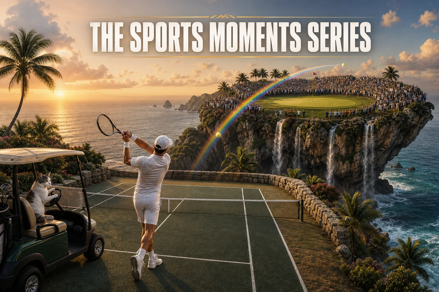 THE SPORTS MOMENTS SERIES cover poster showing a young player in white whites swinging a racquet on a clifftop tennis court with the Atlantic Ocean and a tropical sunset behind him a rainbow arching to a packed stadium on a distant cliff