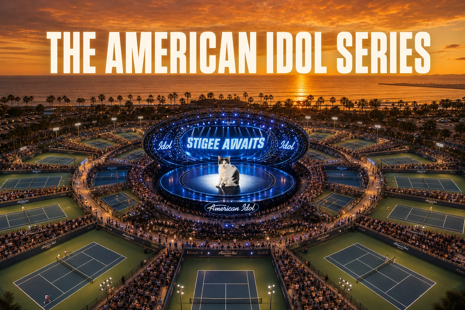 THE AMERICAN IDOL SERIES cover poster showing an aerial nighttime view of a massive sports complex with eight tennis courts arranged in a star pattern radiating outward from a central blue circular stage where Frosty the cat sits in a spotlight as the contestant beneath a glowing 'STIGEE AWAITS' marquee