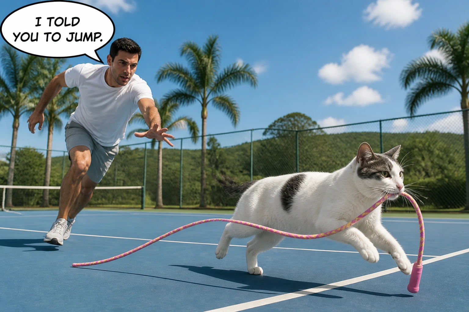 Themed cardio tennis clinics Fort Lauderdale — multiple-exposure image of Frosty the cat shuttling at extreme speed between two orange cones on an oak-canopied tennis court at golden hour