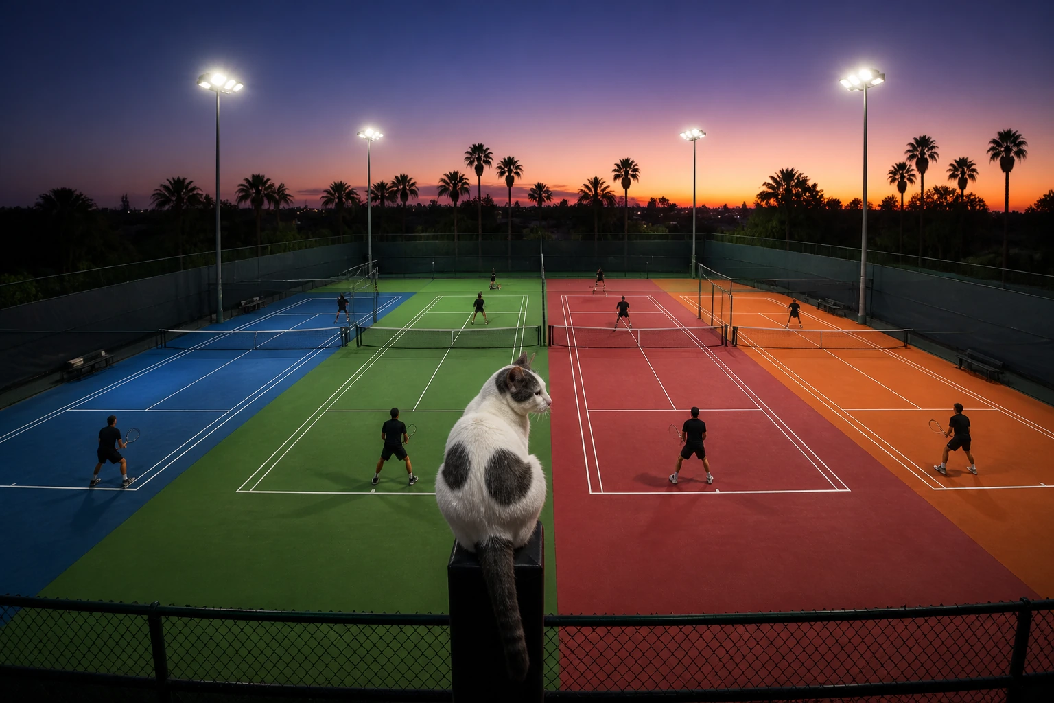Aerial sunset view of three adjacent tennis courts painted blue