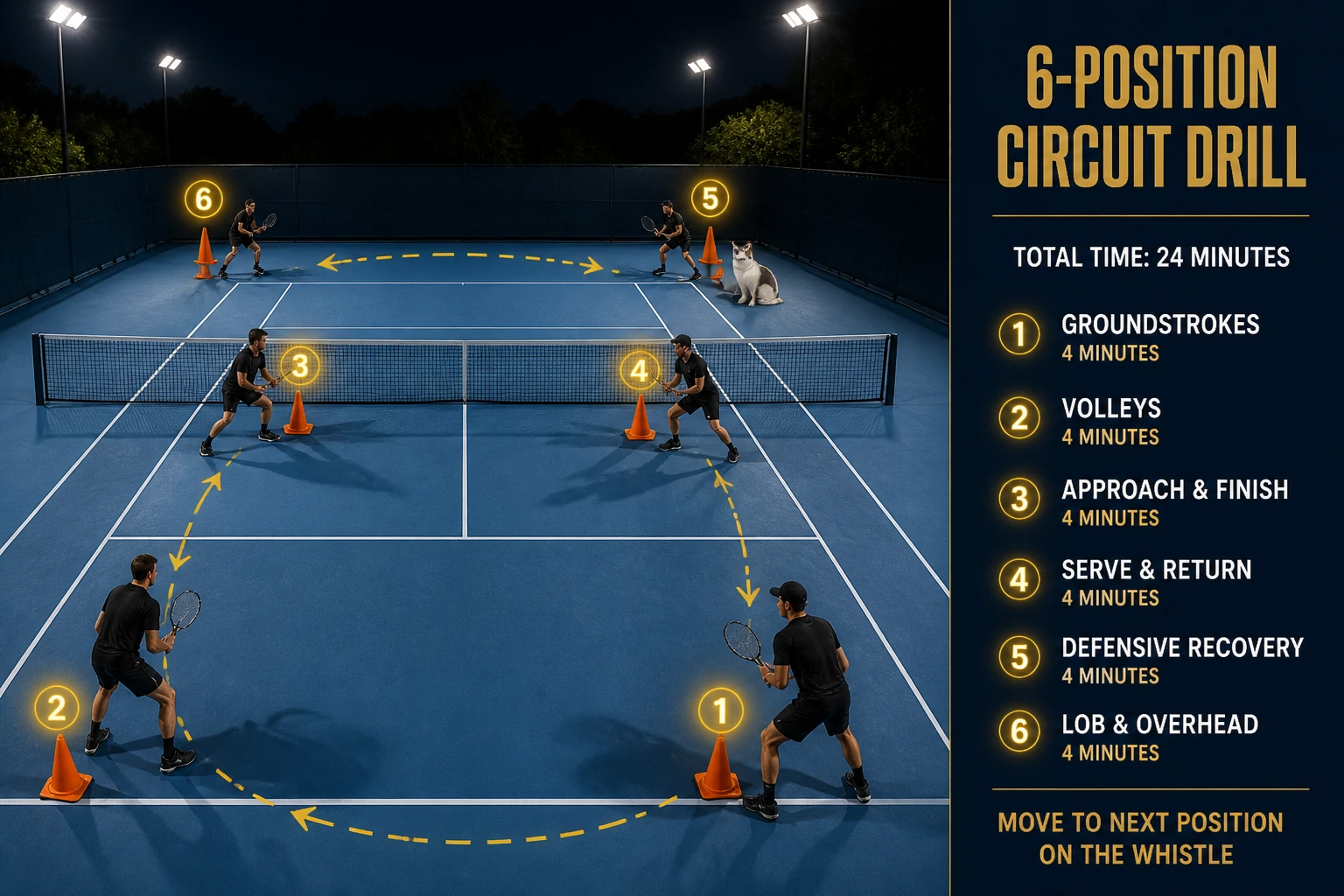 6-POSITION CIRCUIT DRILL diagram with overhead view of a blue tennis court at night marked with six orange cones at numbered positions