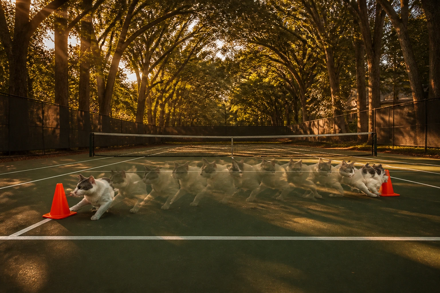 Long-exposure tree-canopied tennis court at sunset showing Frosty the cat walking from a traffic cone at one side of the net to a cone at the other