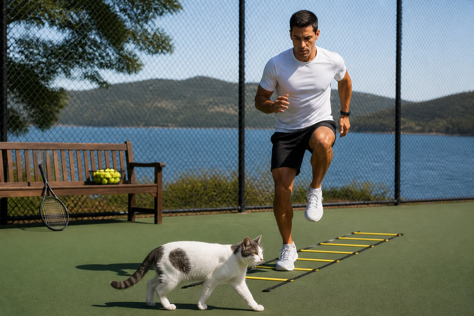 Lakeside outdoor tennis court with a young man doing high-knee plyometric drills over a yellow agility ladder